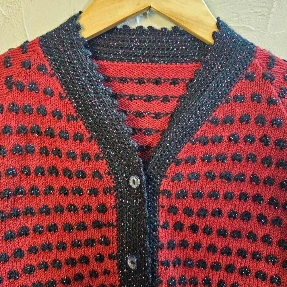 Vintage‎ Red Black Metallic Knit Cardigan Sweater Polka Dot Button Front Shimmer